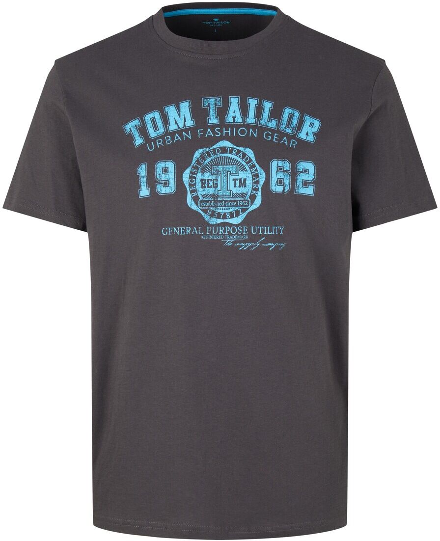 TOM TAILOR Herren T-Shirt mit Logo-Print, grau, unifarben mit Print, Gr.L