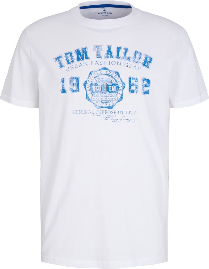 TOM TAILOR Herren T-Shirt mit Logo-Print, weiß, unifarben mit Print, Gr.L