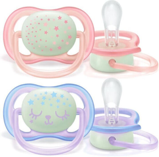 Avent Sucette Ultra Air Nuit Etoile Rose et Ours Violet Bleu 0-6m Lot de 2