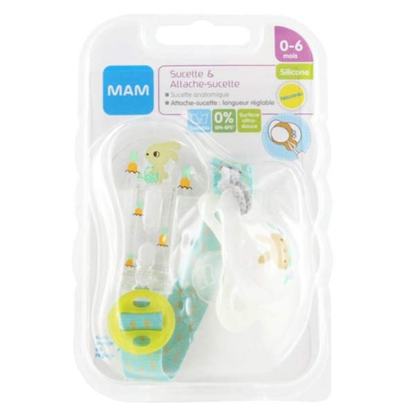 MAM Kit Sucette Silicone 0-6m + Attache Sucette Lapin Carotte