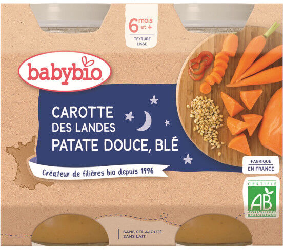 Babybio Repas Soir Pot Carotte Patate Douce Blé +6m Bio 2 x 200g