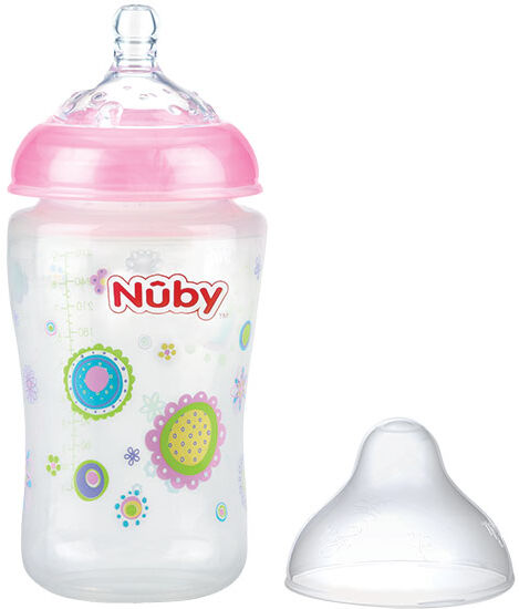 Nuby Biberon Col Large Tétine Débit Moyen Silicone Rose +3m 360ml