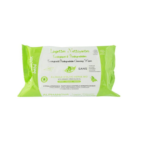 Alphanova Bébé Lingettes Huile Olive et Aloe Sans Parfum Biodégradable Bio 60 unités