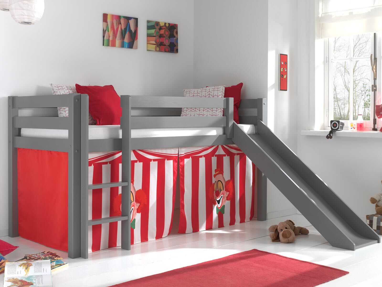 Mobistoxx Lit enfant ALIZE avec toboggan 90x200 cm pin gris tente Circus