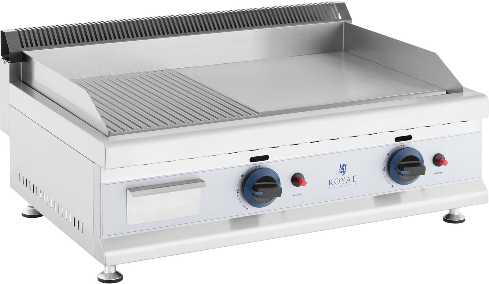 Royal Catering Plancha à gaz double - 74,5 x 40 cm - Lisse/rainurée - 2 x 3 100 W - Gaz naturel - 20 mbar RC-GGHR750