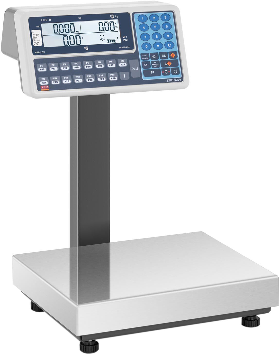 TEM Balance poids-prix - Calibrage certifié - 60 kg / 20 g - 120 kg / 50 g - Écrans LCD opposés BE2TA028X0350120-B1