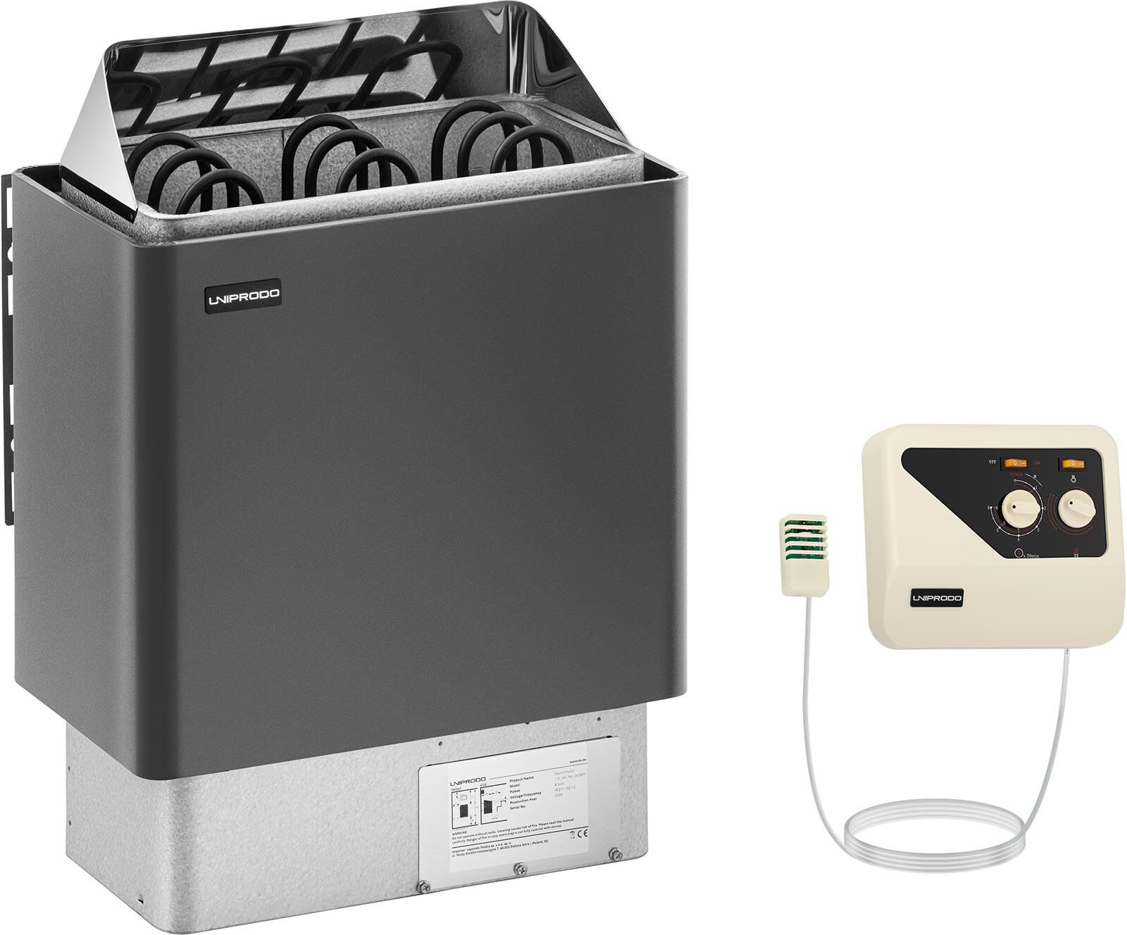 Uniprodo Kit poêle pour sauna avec commande pour sauna - 4,5 kW - 30 à 110 °C UNI_SAUNA_G4.5KW-SET-1