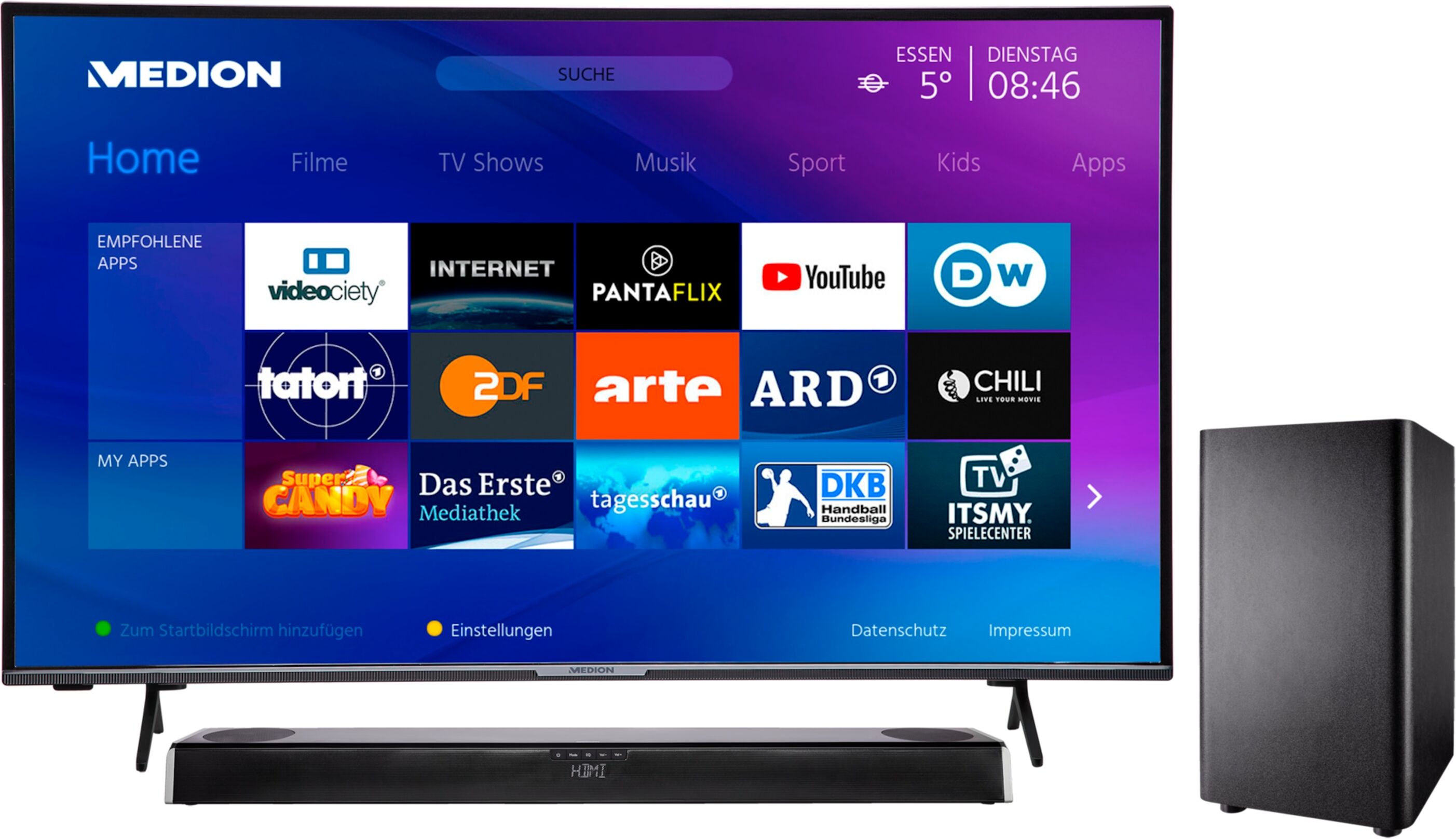 MEDION MEDION® Offre combinée ! LIFE® X14306 Ultra HD Smart-TV 43 pouces & S61388 Dolby Atmos Barre de son 2.0 avec Bluetooth