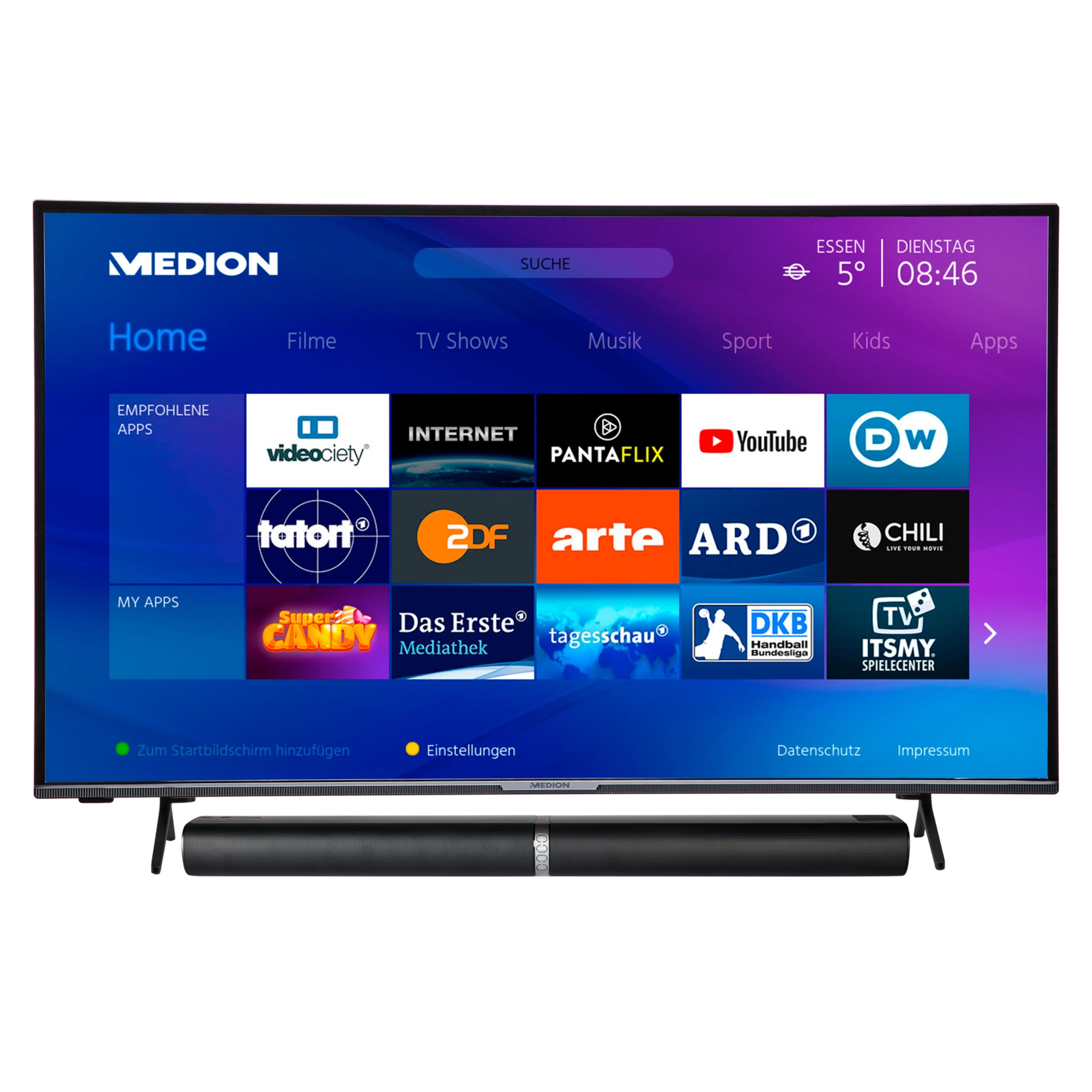 MEDION MEDION® Offre combinée ! LIFE® X15012 Ultra HD Smart-TV 50 pouces & P61202 Barre de son 2.0 avec Bluetooth
