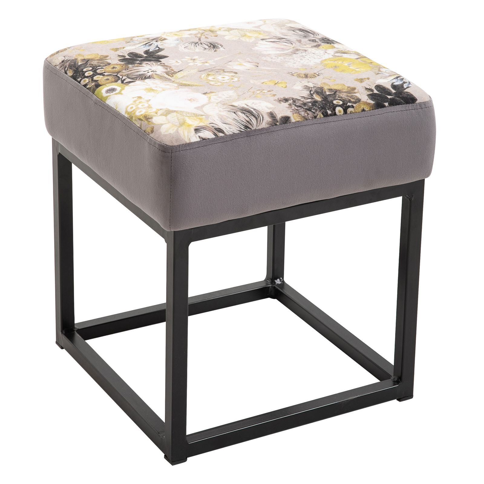 IDIMEX Tabouret pouf carré MARBELLA avec motifs fleurs, en velours gris