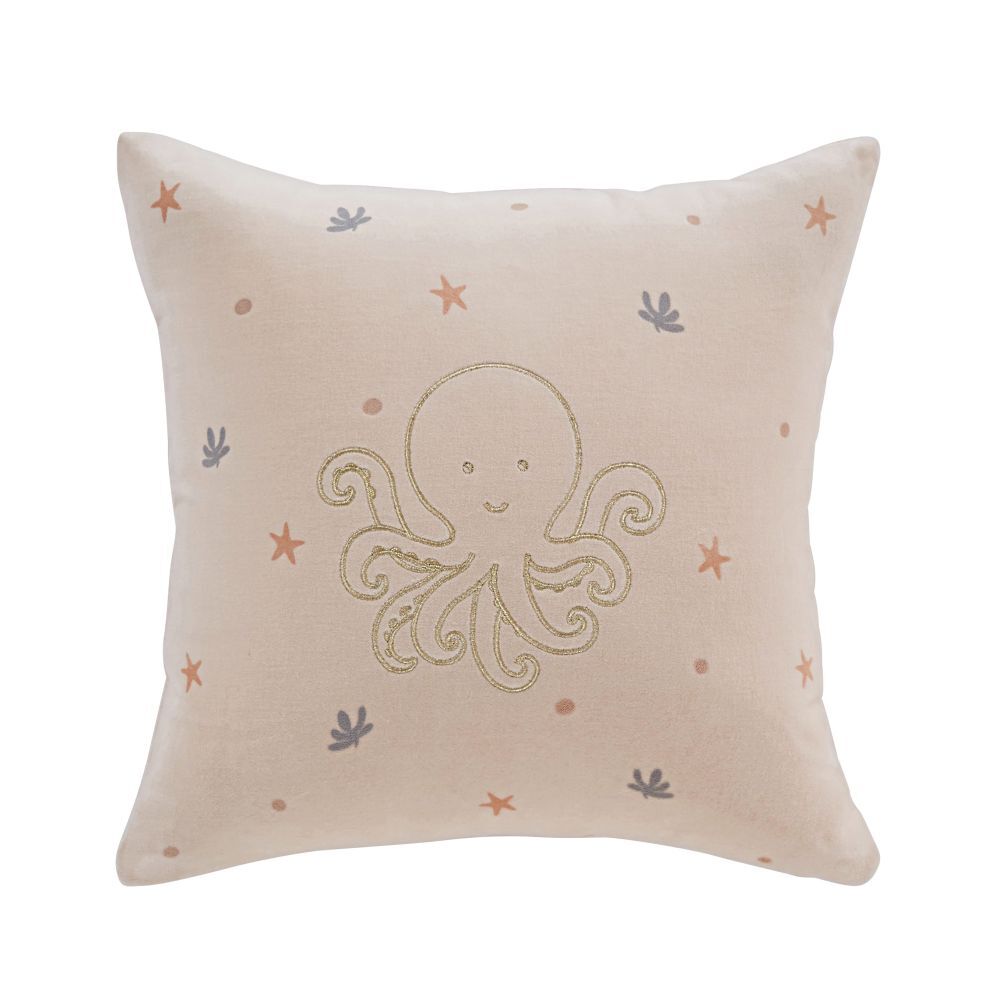 Maisons du Monde Koraal en blauw geborduurd kussen van katoenfluweel met octopus 35 x 35 cm