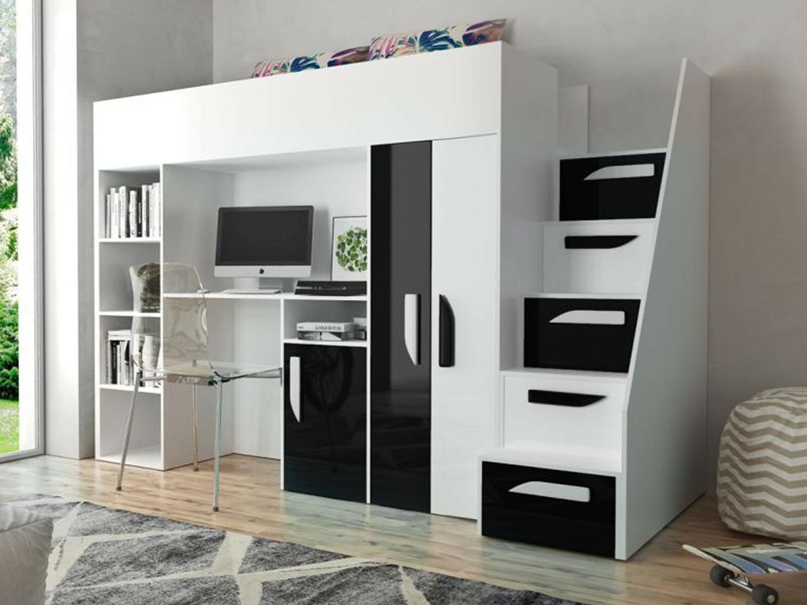 Mobistoxx Lit combiné PARADISIO 90x200 cm blanc/noir brillant avec escalier à droite