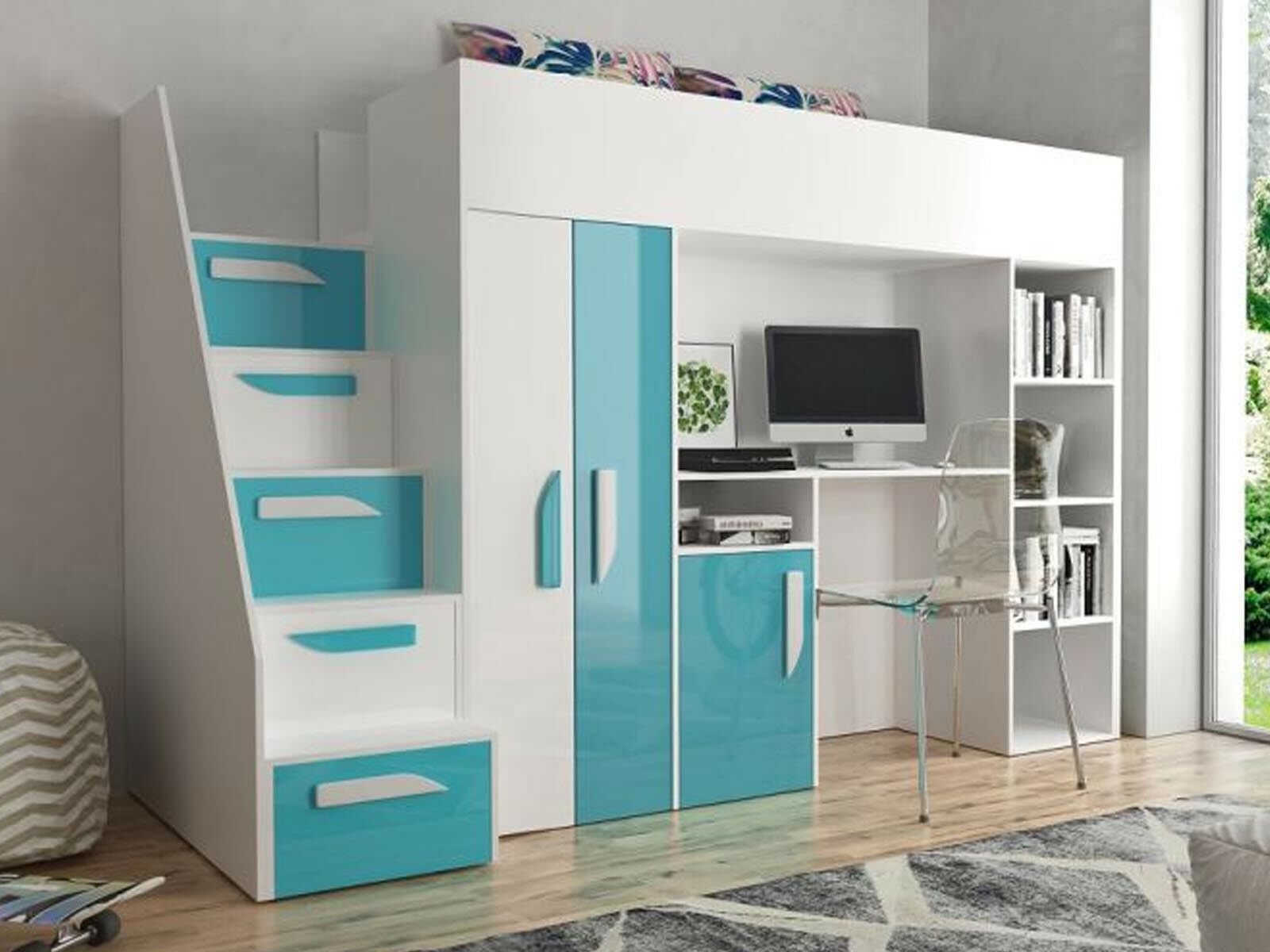 Mobistoxx Lit combiné PARADISIO 90x200 cm blanc/bleu brillant avec escalier à gauche