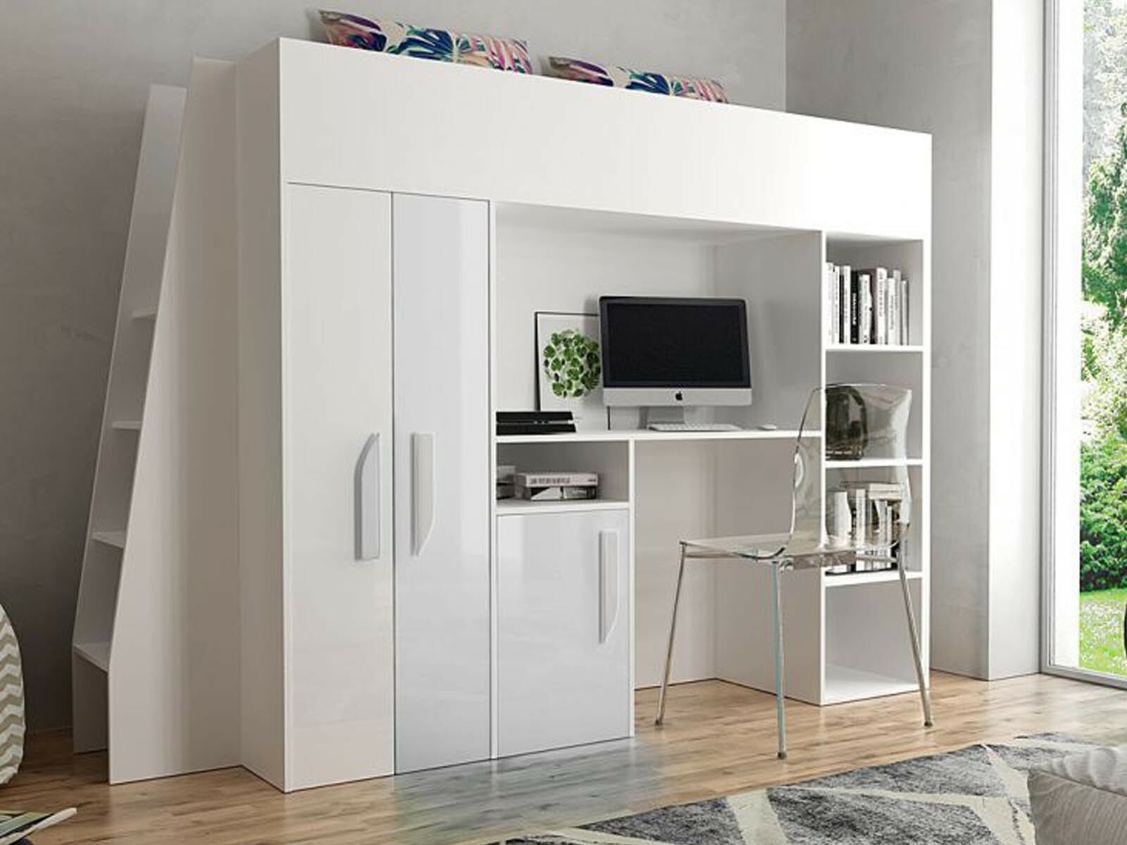 Mobistoxx Lit combiné PARADISIO 90x200 cm blanc/blanc brillant avec échelle à gauche