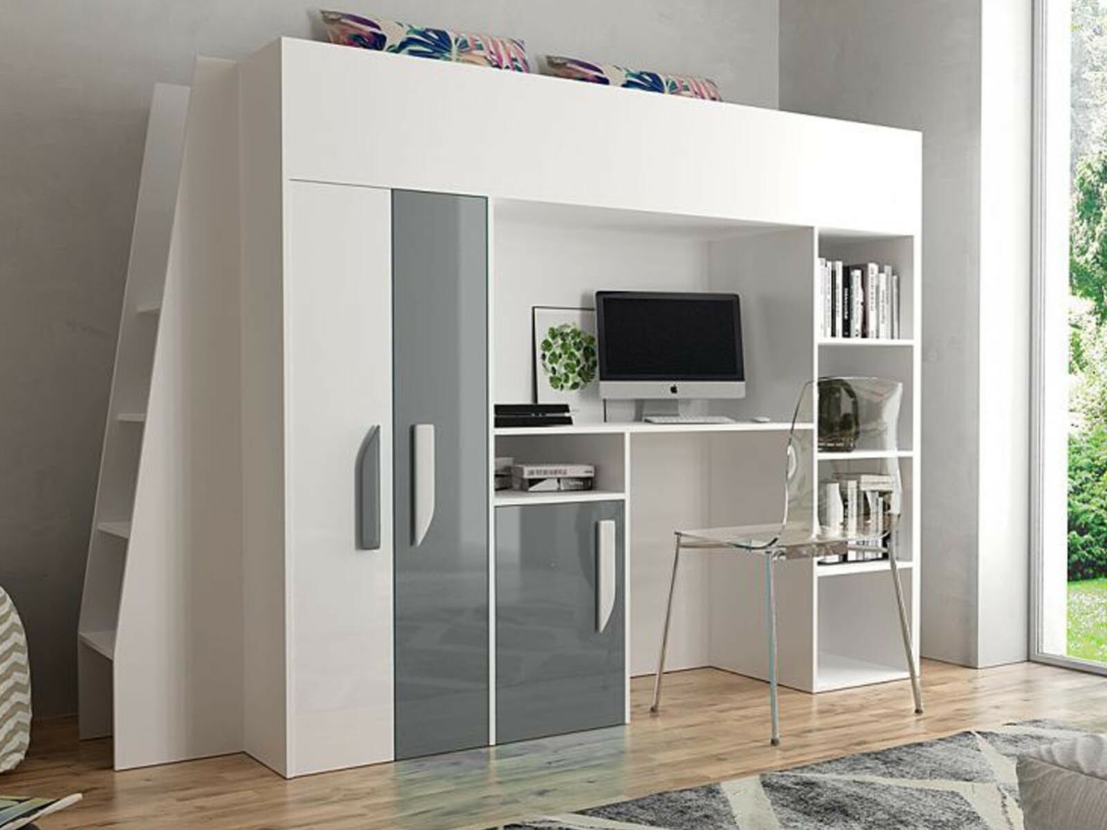 Mobistoxx Lit combiné PARADISIO 90x200 cm blanc/gris brillant avec échelle à gauche