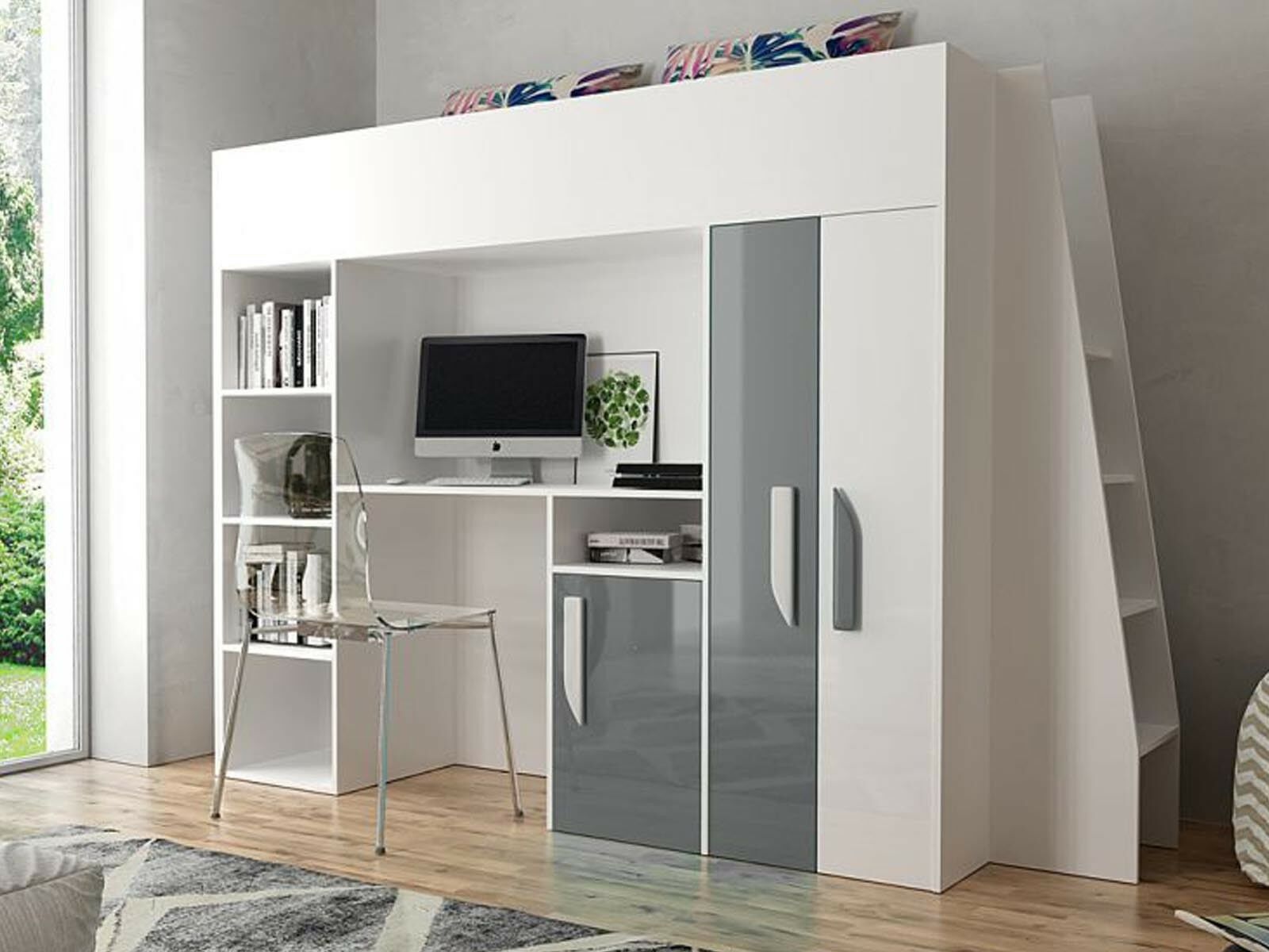 Mobistoxx Lit combiné PARADISIO 90x200 cm blanc/gris brillant avec échelle à droite