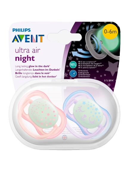 Avent Lot de 2 Sucettes Ultra Air Night 0-6 Mois