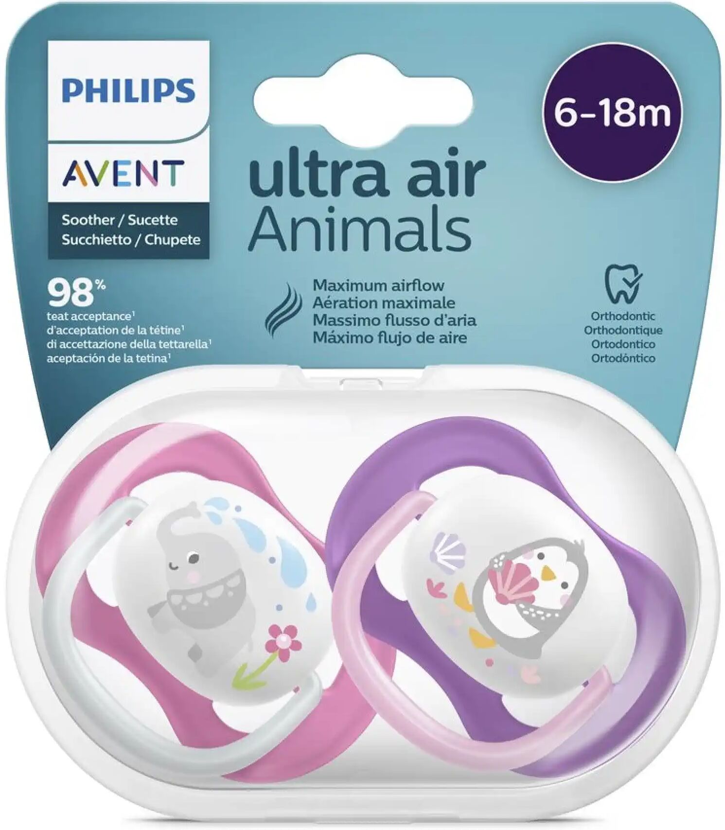 Avent Lot de 2 Sucettes Ultra Air Animals 6-18 mois Pingouin & Eléphant