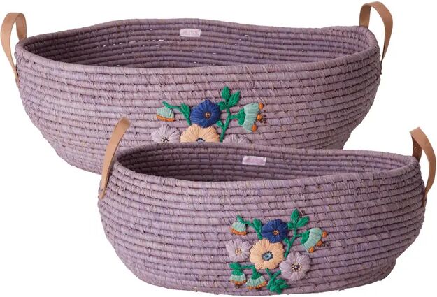 rice Raffia-Korb BIG OVAL - FLOWER 2-teilig in lila