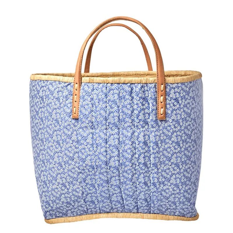 rice Raffia-Tasche BLUE FLORAL L (33x24x36) mit Ledergriffen