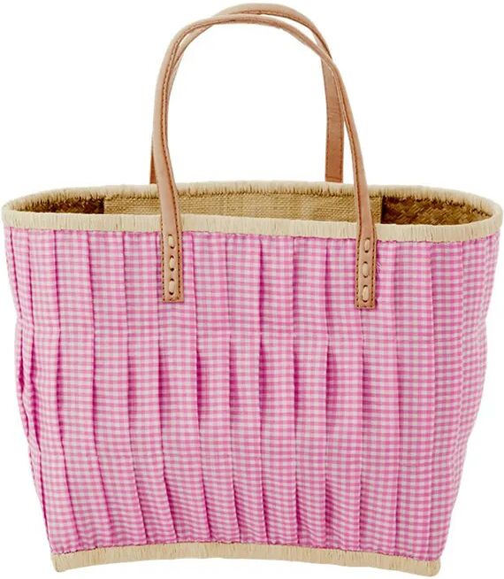 rice Raffia-Tasche DARK PINK VICHY M (28x20x30) mit Ledergriffen