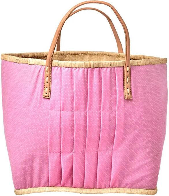 rice Raffia-Tasche PINK WHITE DOTS L (33x24x36) mit Ledergriffen