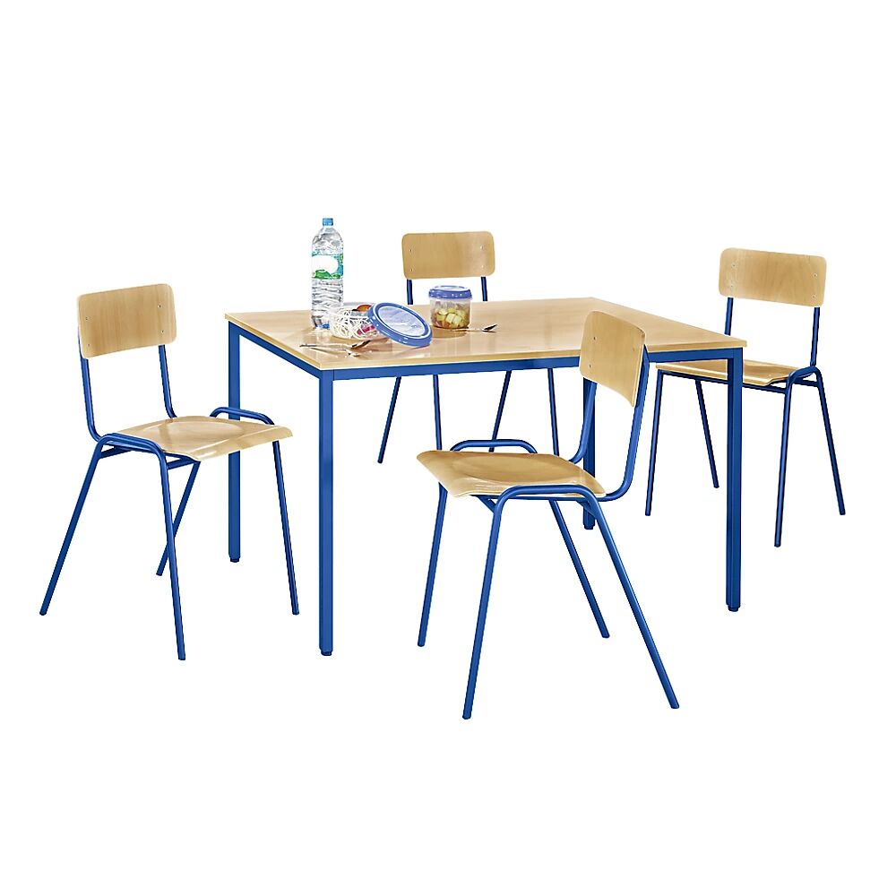 Mehrzweck-Sitzgruppe 1 Tisch, 4 Stühle Tischplatte Buche-Dekor, Gestell enzianblau
