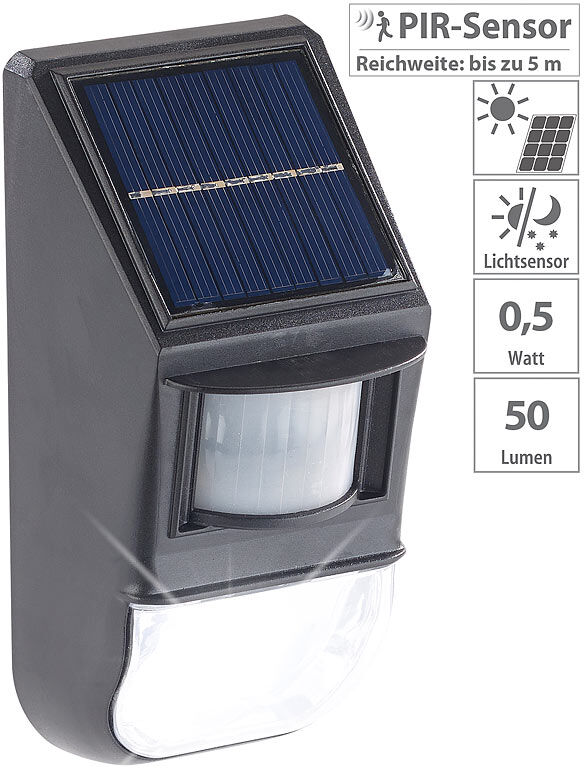 Lunartec LED-Solar-Wandleuchte, Dämmerungs- & PIR-Bewegungssensor, 50 lm, 0,5 W