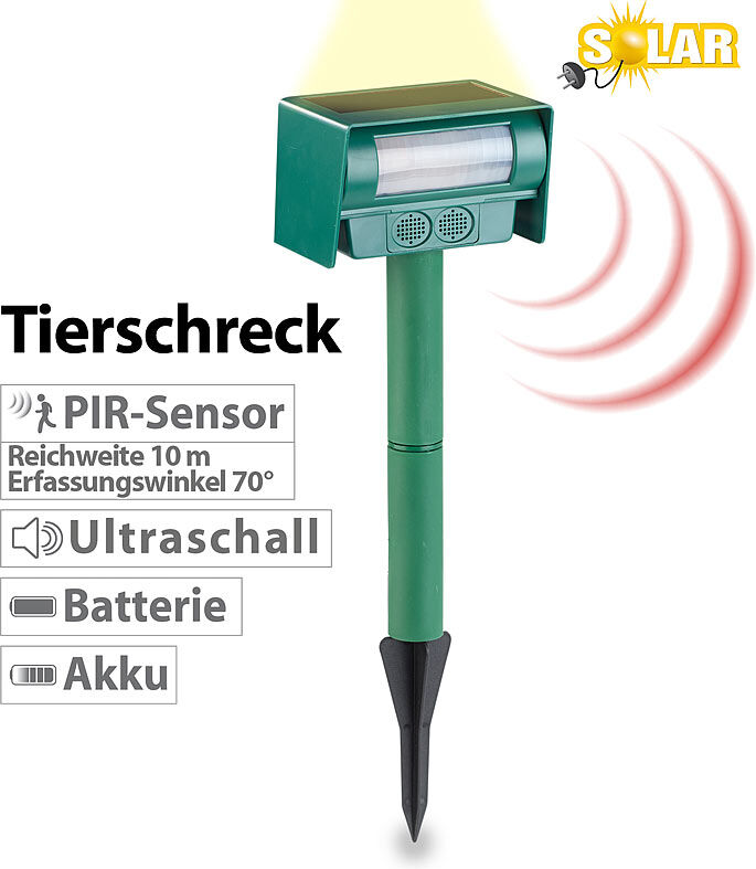 Royal Gardineer Ultraschall-Tierschreck gegen Hunde, Nager & Co., Solar, PIR-Sensor