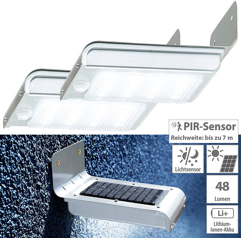 Luminea 2er-Set Edelstahl-LED-Solar-Wandleuchten, Licht- & Bewegungssensor