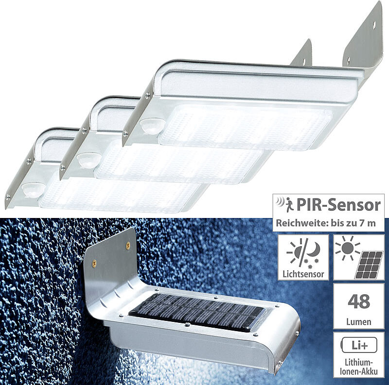 Luminea 3er-Set Edelstahl-LED-Solar-Wandleuchten, Licht- & Bewegungssensor