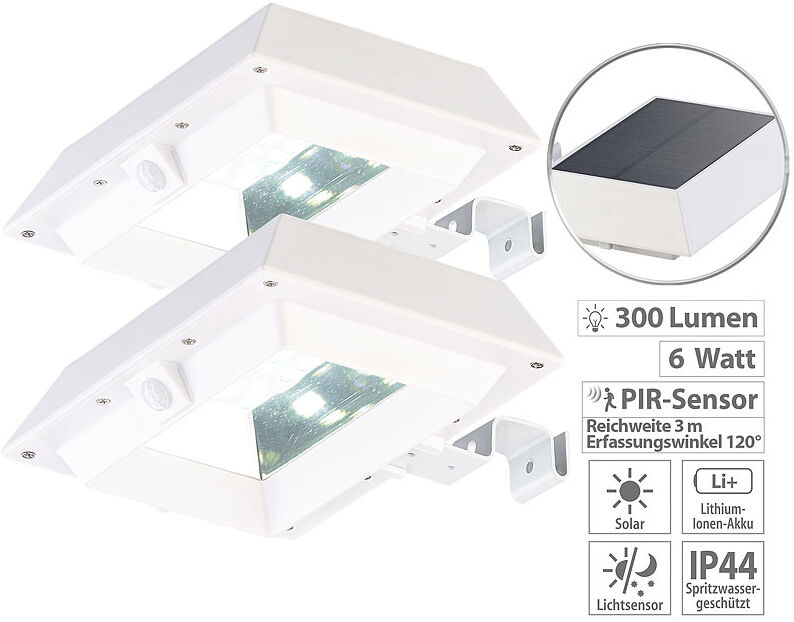 Lunartec 2er-Set 2in1-Solar-LED-Dachrinnen-& Wandleuchten, PIR-Sensor, weiß