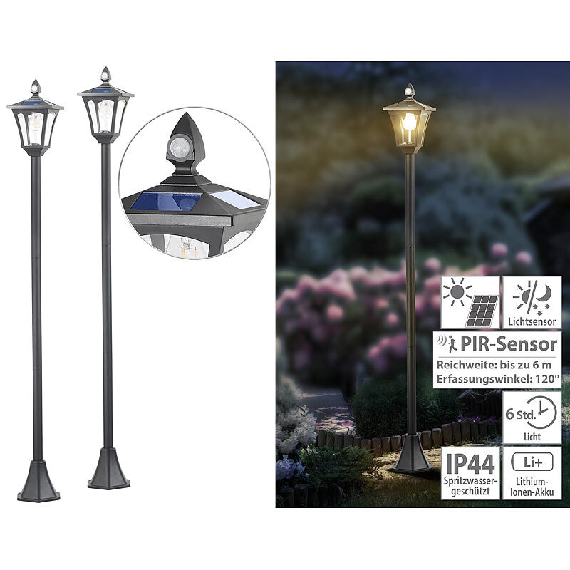 Royal Gardineer 2er-Set Solar-LED-Gartenlaternen, PIR-Sensor, Dämmerungssensor, 300 lm
