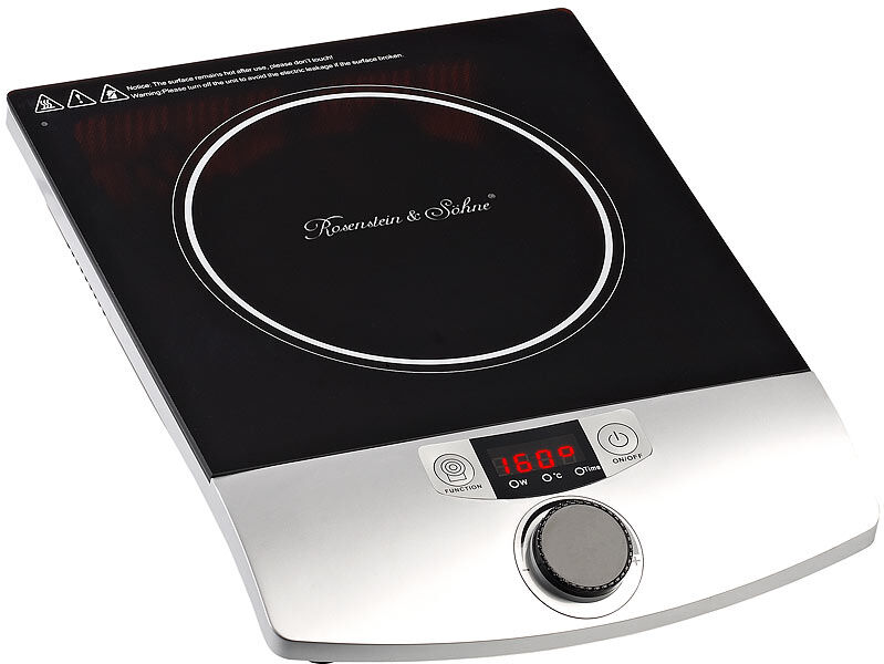 Rosenstein & Söhne Induktions-Kochplatte 12 bis 26 cm LCD Drehregler, 2.000 W, bis 200 °C