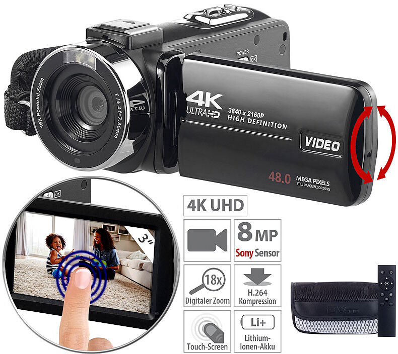 Somikon 4K-UHD-Camcorder mit Sony-Sensor, Touch-Display, HD mit 120 B./Sek.