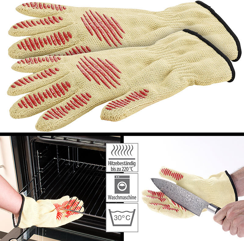 Rosenstein & Söhne 2er-Set Sicherheits-Handschuh, Hitze- & Schnittschutz, Antirutsch-Pads