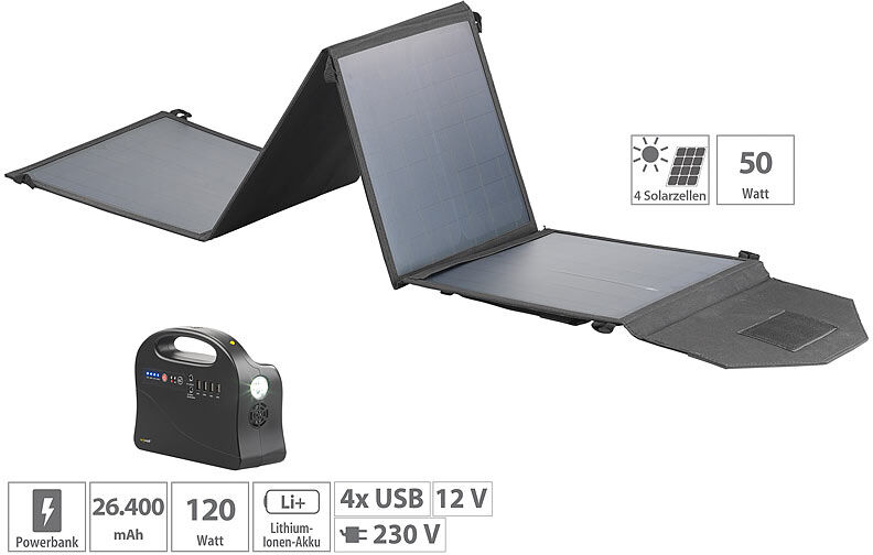 revolt Powerbank & Solar-Konverter mit 50-Watt-Solarpanel, 97 Wh, 120 Watt