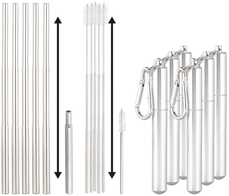 Rosenstein & Söhne 6er-Set Teleskop-Edelstahl-Trinkhalme mit Bürste, Schlüsselanhängerbox