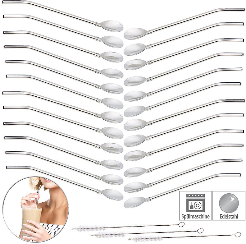 Rosenstein & Söhne 18er-Set 2in1-Trinkhalm-Löffel aus Edelstahl, mit Reinigungsbürste
