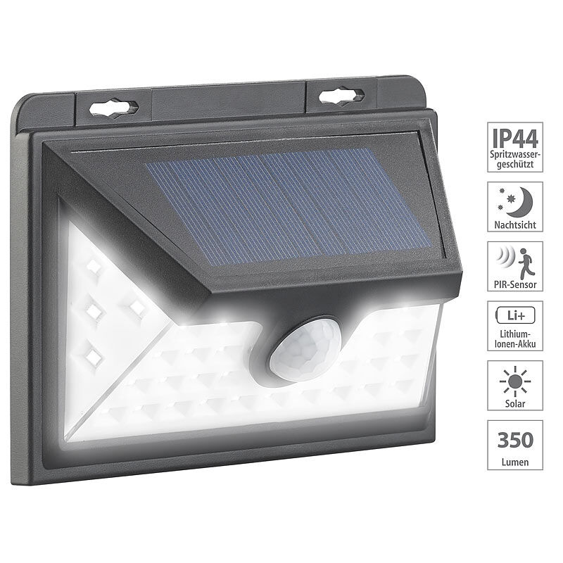 Luminea Solar-LED-Wandleuchte mit Bewegungs-Sensor & Akku, 350 Lumen, 7,2 Watt