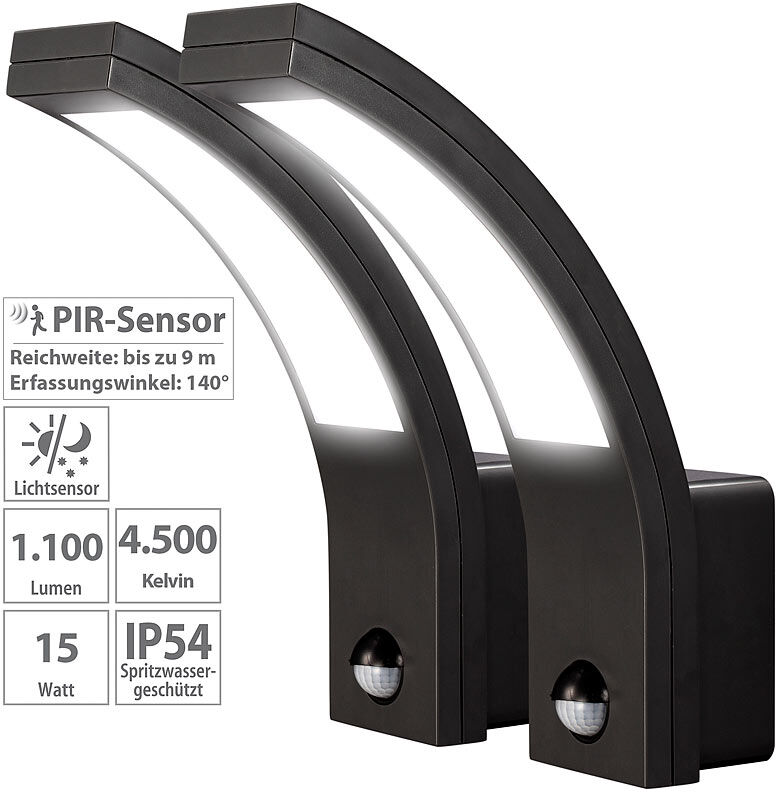 Lunartec 2er-Set LED-Außen-Wandleuchten mit PIR-Bewegungssensor, 1.100 Lumen