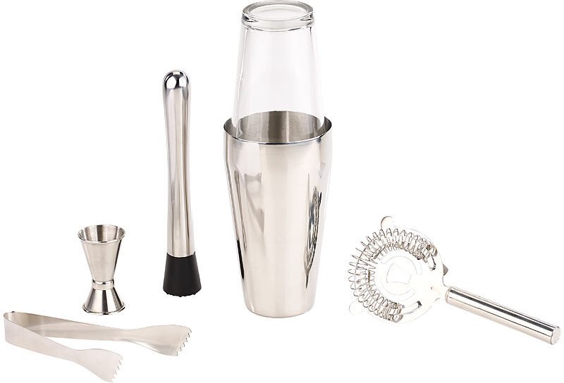 Rosenstein & Söhne Boston-Cocktailshaker-Set aus Edelstahl mit Glas, 6-teilig, 0,8 l