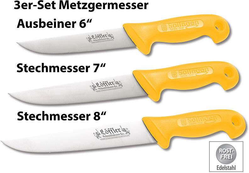 Löffler Schneidewaren Co. 3er-Set Solinger Edelstahl-Metzgermesser, 6, 7 & 8 Zoll