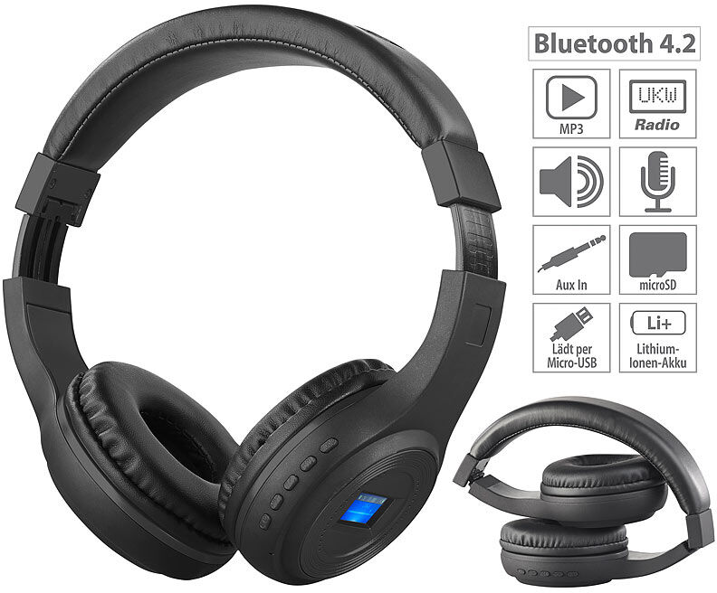 auvisio Faltbares Over-Ear-Headset mit Bluetooth, MP3-Player, FM & LCD-Display