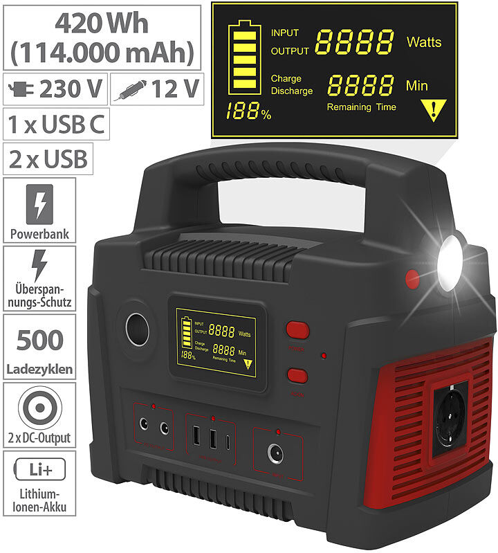 revolt Powerbank & Solar-Konverter, 114 Ah, 420 Wh, 230 V, 12 V, USB, 600 W