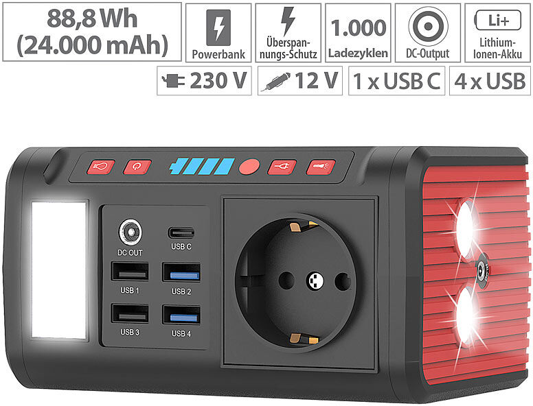 revolt Mini-Powerbank & Solar-Konverter, 24 Ah, 12/230 V, USB, LED, 120 Watt