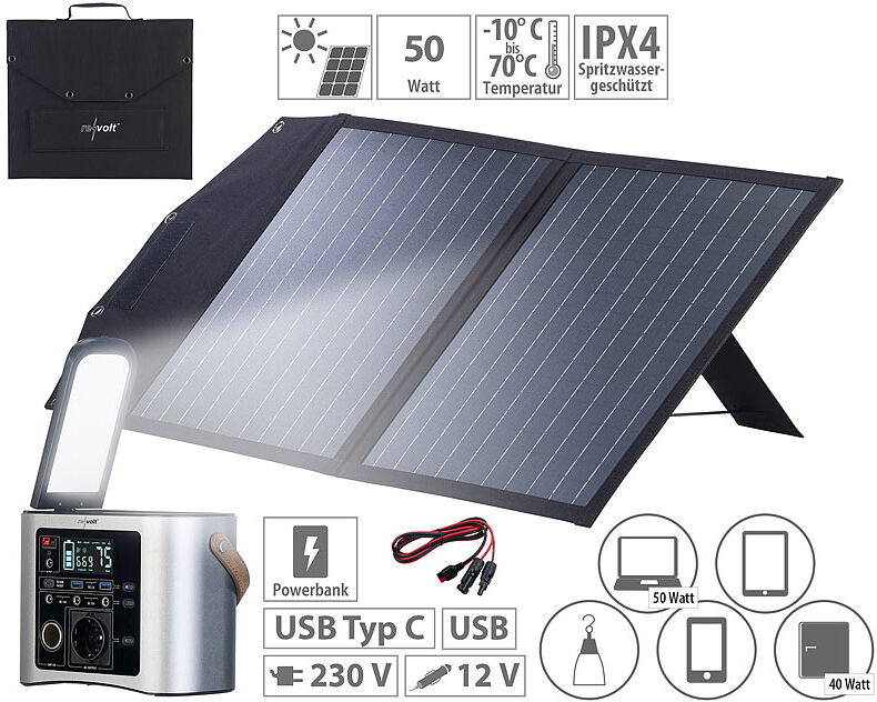 revolt High-End-Powerbank & Solar-Konverter mit 100-W-Solarpanel, 90 Ah