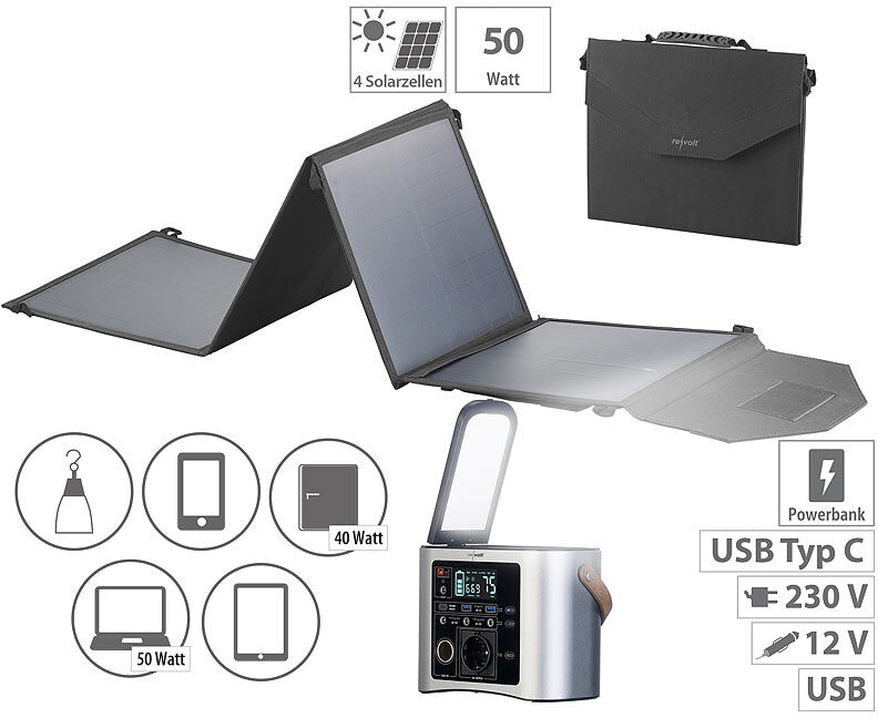 revolt High-End-Powerbank & Solar-Konverter mit 50-W-Solarpanel, 90 Ah