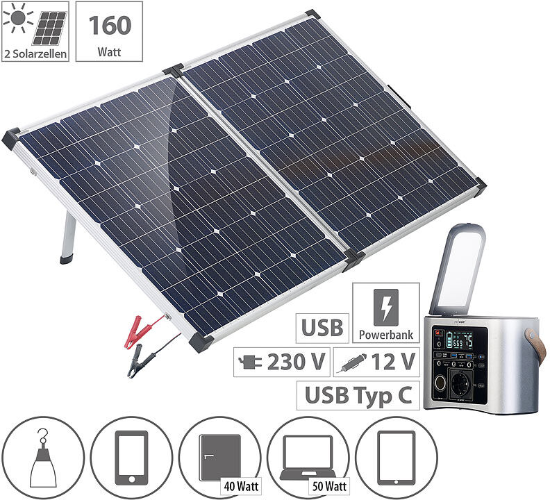 revolt High-End-Powerbank & Solar-Konverter mit mobilem 160-W-Solar-Panel