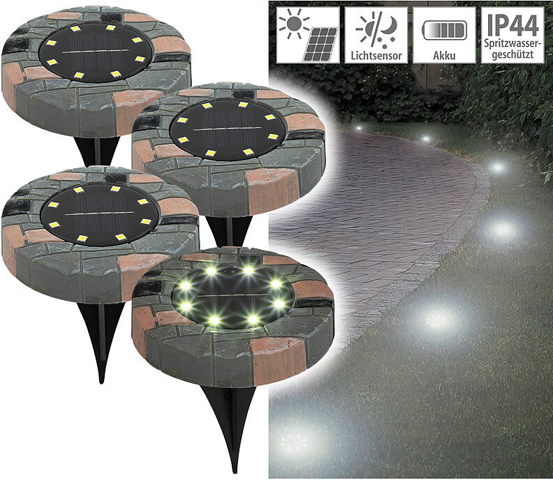 Lunartec Solar Bodenleuchte mit 8 LEDs, IP44, warmweiß, 4er Set